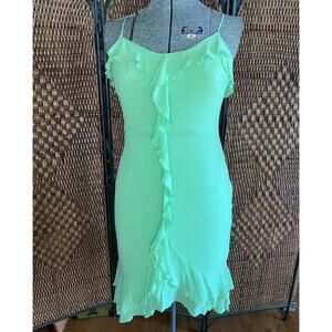 Size S-L//Vintage Y2K Ruffled Lime Green Silk Spaghetti Strap Dress